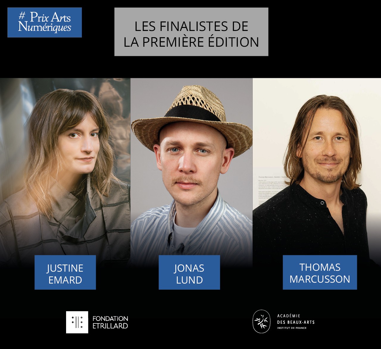 Les 3 finalistes : Justine Emard (portrait © Quentin Chevrier, 2025), Jonas Lund et Thomas Marcusson